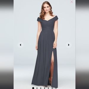 David's Bridal Crisscross Off-The-Shoulder Mesh Bridesmaid Dress In Pewt…